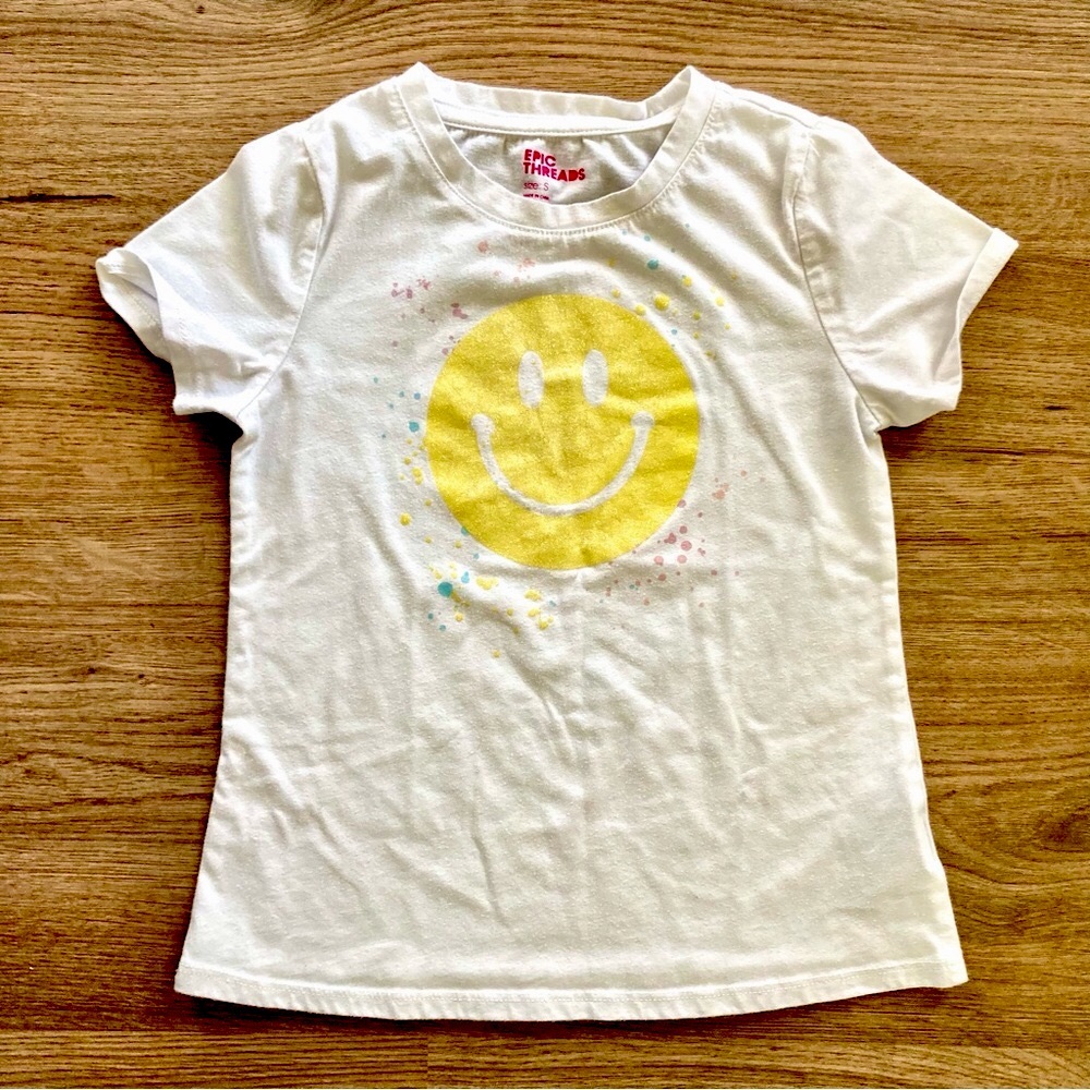 Epic Threads Girls Short Sleeve Tee Smiley Face Size Small Cotton White